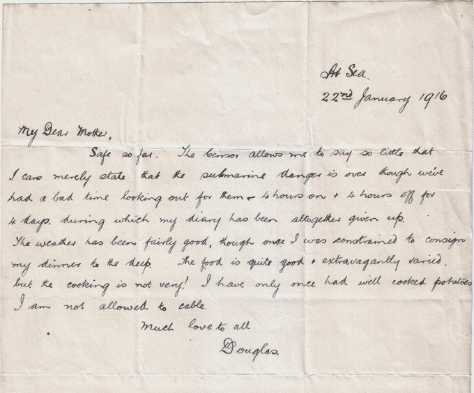 Letter from John Hume to his mother from the SS Huntcastle. National Records of Scotland reference: GD486/98